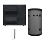 ScanTherm Skagen varmepumpekit med mat sort udedel, grå bufferbeholder og hvid indedel.
