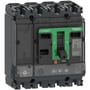 Schneider Electric ComPacT NSX100F 4P 4d maksimalafbryder med MicroLogic 2.2 strømrelæ og 100A mærkestrøm i mørkegrå og grøn.