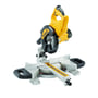 DeWalt DWS773-QS 216mm geringssav med udtræk i gul og sort, vist med savhovedet oppe og monteret på basen.