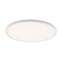 SpectrumLED Nymphea Flat Duo LED-loftslampe set skråt nedefra med flad, rund skærm og hvid kant.