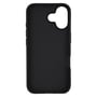 Sort TPU-bagcover til iPhone 16 set indefra med den store kameraåbning øverst til højre og knapper langs kanten.