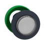 Schneider Electric Harmony XB5/ZB5 flush trykknap med hvid LED belysning og en grøn fastgørelsesring.