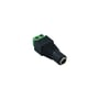 Den sorte DC-adapter ses fra den modsatte side med rundt hunstik og grøn skrueterminal til V-TAC-strømforsyning.