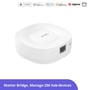 Sonoff Zigbee Bridge Ultra set skråt ovenfra med Ethernet-port og kompatibilitetslogoer for Matter, Zigbee og smart home-systemer.