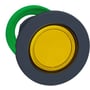 Schneider Electric Harmony XB5/ZB5 flush trykknaphoved i gul med 22mm diameter og en grøn monteringsring.