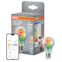 Emballage med Osram Smart+ LED-pære, farvegengivelse af pæren og en mobilskærm med appens lysstyring.