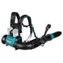 Makita UB004GZ XGT 40Vmax rygblæser set fra siden med polstret sele, to batteriporte og betjeningsgreb.