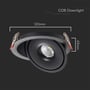 Målskitse af V-TAC 12W COB downlight, viser dimensioner 120mm bredde og 43mm dybde med sort finish.