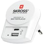 Skross Euro USB-oplader i hvid, vist skråt fra siden, med synlige USB Type-A og USB Type-C porte og Euro-stikket.