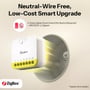 Sonoff MINI DUO-L er vist ved en rund vægdåse som et Zigbee-relæ uden behov for nul.