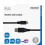 Deltaco USB 2.0 Micro B-kabel i sort på emballage med stik, 2 meter-markering og specifikationer synlige.