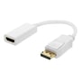 Deltaco DisplayPort til HDMI-adapter i hvid med 0,2 meter kabel, set tæt på med HDMI- og DisplayPort-stik.