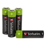 Fire Verbatim genopladelige AA (HR6) batterier i sort design, vist med tre stående og én liggende.