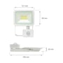 Målskitse af SpectrumLED 20 W LED-projektør med sensor, med mål angivet for front, højde og dybde.