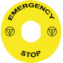 Schneider Electric gult skilt Ø90mm med "Emergency Stop" og EN/ISO 13850 symbol, designet til monteringshuller.