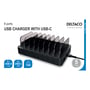 Oversigt af Deltaco USB-oplader med 8 porte, herunder 6x USB-A 2.4A og 2x USB-C 20W, med 5 års garanti.