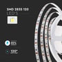 Detaljeret grafik viser SMD 2835 LED'er, 120 LED/meter, 120° spredningsvinkel og energibesparelser for V-TAC LED strip.