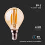 Oversigt over V-TAC P45 filament pære med E14 fatning og amber cover, der fremhæver ingen flimmer eller kviksølv.