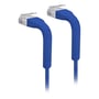 Blåt Ubiquiti UniFi Cat 6 Ethernet-patchkabel på 0,3 meter med gennemsigtige RJ45-stik i begge ender.