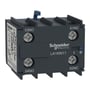 Schneider Electric hjælpeblok LA1KN11 med 2 NO kontakter og clipsmontering, vist på mørkegrå baggrund.