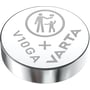 Top view af et Varta V10GA LR54 alkaline knapcellebatteri med VARTA logo og information.