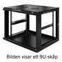 Toten 19" vægskab, 12U, 600x600 mm, sort, set skråt forfra med glasdør og åbent kabinet.