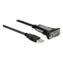 Detaljeret billede af DeLock USB Type-A til seriel RS-232 adapterkablet, der viser USB-A og DB9 hanstikkene i fuld længde.
