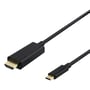 Deltaco USB-C til HDMI-kabel set skråt med forgyldte stik og sorte stikbøsninger i fokus.