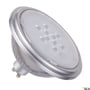SLV QPAR111 LED-lyskilde i sølv med GU10-fatning, 7W og 3000K. Viser fronten med 9 LED-pærer bag en diffusor og den sølvfarvede lampehus.