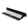 Bagsiden af DELTACO 10-PATCH16 patchpanel, der viser de 12 interne hvide IDC-terminaler til kabeltilslutning.