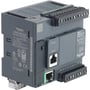 Schneider Electric Modicon M221 PLC med 9 digitale indgange, 7 udgange og 2 analoge indgange, 230V, set fra siden med tydelige mærkatdetaljer.