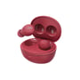 JVC Gumy Mini True Wireless Earbuds i rød, vist med opladningsetuiet åbent, der viser begge earbuds og L/R markeringer.