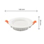 Dimensioner for SpectrumLED Dure 3 Max Downlight: Ø140 mm i diameter og 30 mm i dybde. Viser orange monteringsklemmer.