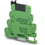 Phoenix Contact PLC-OSC solid-state relæmodul i grøn plast med skruetilslutning og mærkater til 24V DC indgang og 3-33V DC/3A udgang.