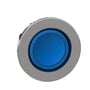 Schneider Electric Harmony XB4/ZB4 flush trykknaphoved i metal med blå LED-belysning og 22mm diameter på hvid baggrund.