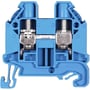 Blå Wieland WT 10 rækkeklemme set fra siden, viser monteringsmekanismen til DIN-skinne.