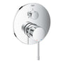 GROHE Essence New etgrebs forplade i krom med 3-vejs omskifter til Smartbox, viser det runde metalgreb og kontrolknapper på hvid baggrund.