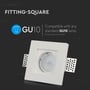 V-TAC firkantet hvid GU10 gipslampe viser kompatibilitet med GU10 pærer og angiver 'FITTING-SQUARE'.