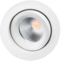 SG Armaturen Junistar Lux Isosafe downlight i hvid med et 7W LED lys på 4000K, viser den drejelige funktion og lyskeglen.