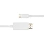 Deltaco USB-C til HDMI-kablets hvide kabelender ligger vandret med USB-C-stikket øverst og HDMI-stikket nederst.