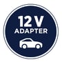 Grafisk symbol der viser en bil og teksten '12V ADAPTER' på mørkeblå baggrund.