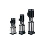 Grundfos CR 5-10 centrifugalpumpe sammen med to mindre modeller, alle i rustfrit stål og sort motorhus.