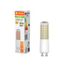 Osram Ledvance T Slim LED-lyskilde med GU10 sokkel, 6.5W, 806lm og 2700K, vist med emballage og lyskilde på hvid baggrund.