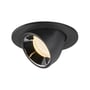 SLV NUMINOS GIMBLE S indbygningsspot i sort med kipbar krom reflektor og varmt hvidt LED lys på hvid baggrund.