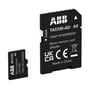 ABB Micro memory card 8GB MC5102 og adapter TA5350-AD med logoer og produktinformation på sort baggrund.