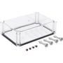 Vinklet billede af transparent Fibox EK SOLID dæksel, 280x190x80mm, med fire monteringsskruer og fire skruer til låg.