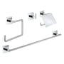 Grohe Start Cube tilbehørssæt med fire forkromede dele til badeværelset, inklusiv håndklædekrog, toiletpapirholder og håndklædestang.