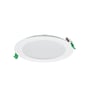 Philips CoreLine SlimDownlight, en hvid rund indbygningsdownlight, set skråt forfra med lysdiffuser og grønne monteringsclips.