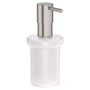 Grohe Essentials sæbedispenser i børstet stål og mat hvidt glas, 160 ml kapacitet.