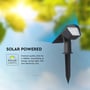V-TAC Pro solcellelampe med spydfod, illustreret med teksten 'SOLAR POWERED' og solsymbol.